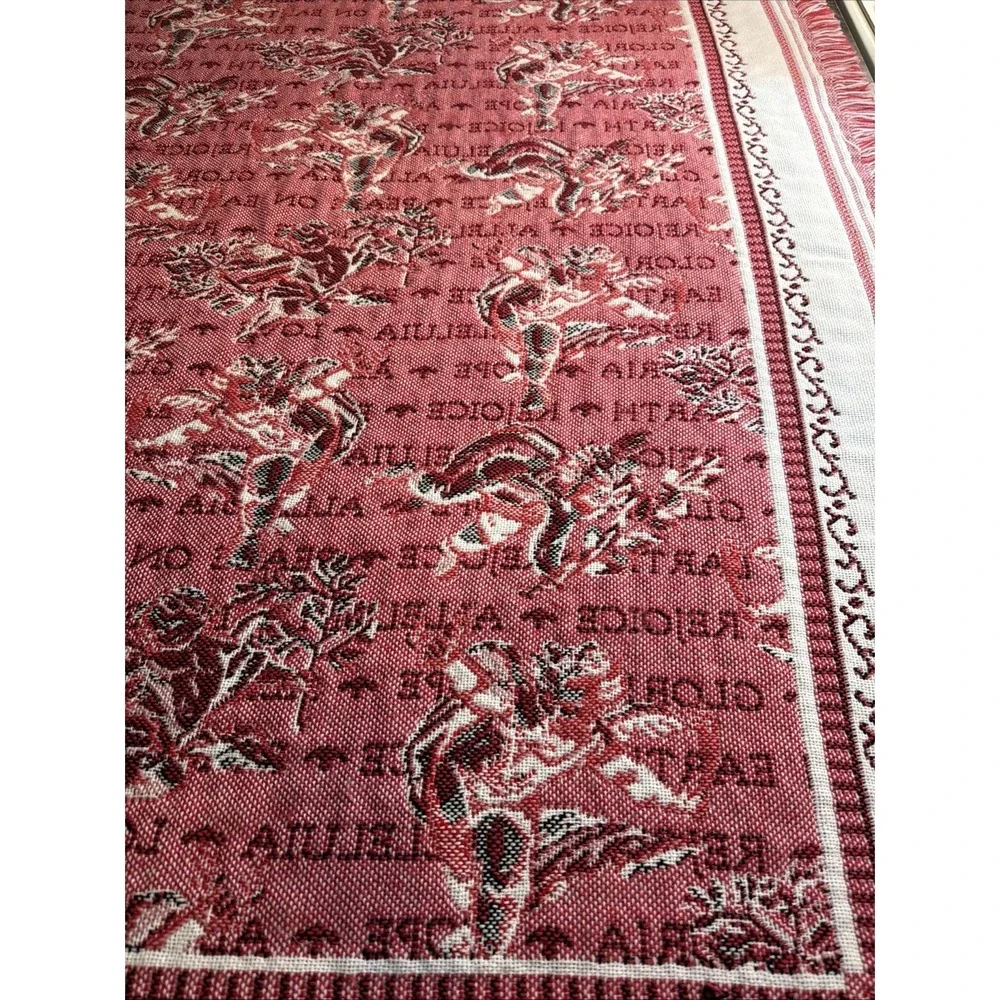 Vintage 90s Christmas Tapestry Blanket Red Angel Cherub Rejoice Peace on‎ Earth